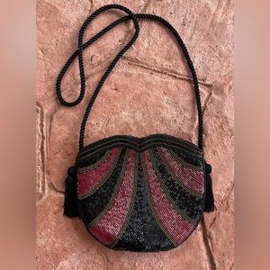 Ann Green | Vintage 80s 90s Beaded Crossbody Shoulder Bag Purse w/ Tassels